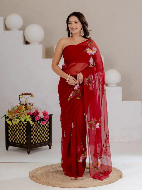 Maroon Hand Painted Georgette Saree with White Hibiscus Floral Print - Shri SKA Sons