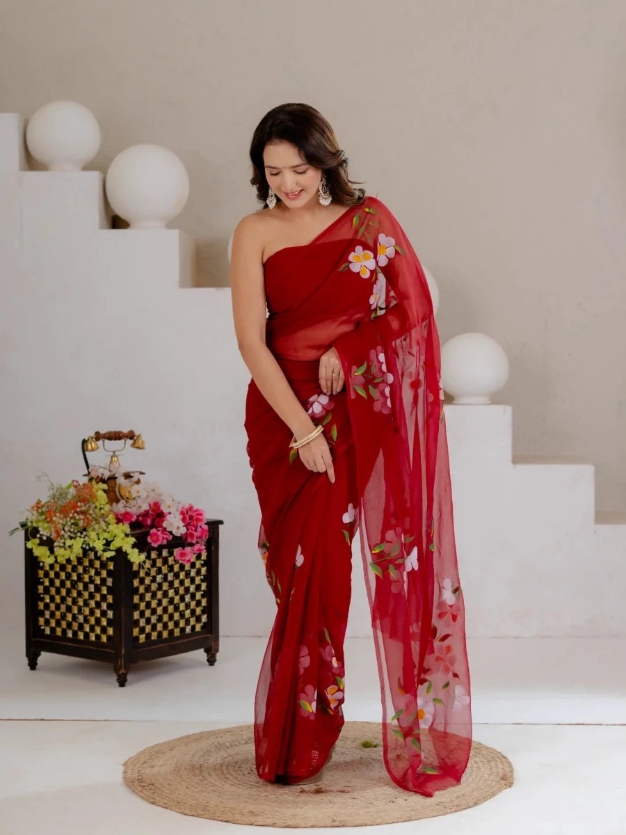 Maroon Hand Painted Georgette Saree with White Hibiscus Floral Print - Shri SKA Sons