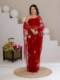 Maroon Hand Painted Georgette Saree with White Hibiscus Floral Print - Shri SKA Sons