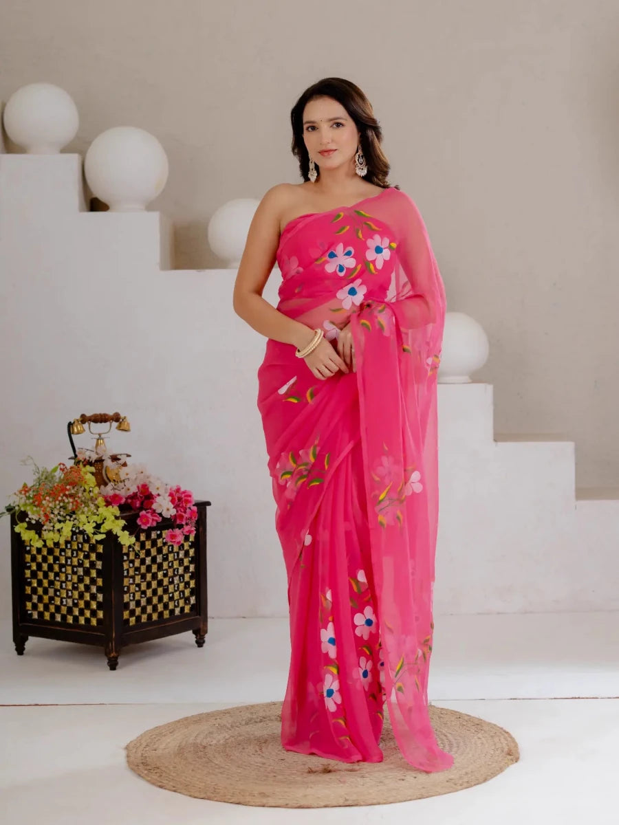 Rani Pink Hand Painted Georgette Saree with White Hibiscus Floral Print - Shri SKA Sons