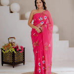 Rani Pink Hand Painted Georgette Saree with White Hibiscus Floral Print