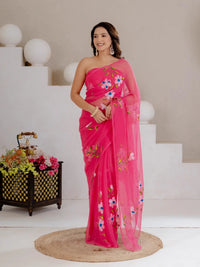Rani Pink Hand Painted Georgette Saree with White Hibiscus Floral Print - Shri SKA Sons