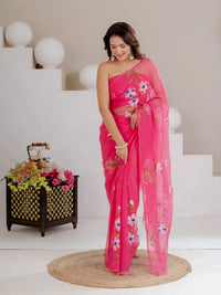 Rani Pink Hand Painted Georgette Saree with White Hibiscus Floral Print - Shri SKA Sons