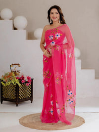 Rani Pink Hand Painted Georgette Saree with White Hibiscus Floral Print - Shri SKA Sons