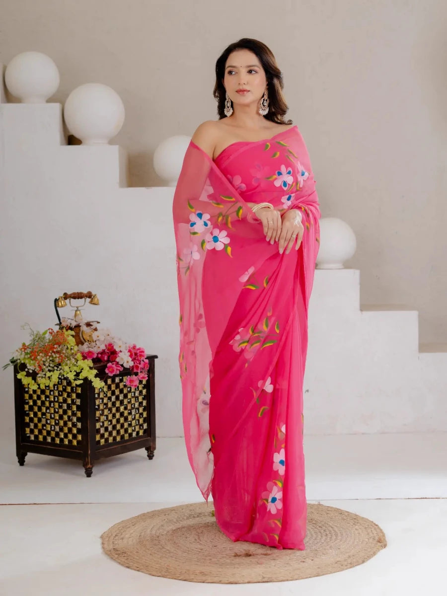Rani Pink Hand Painted Georgette Saree with White Hibiscus Floral Print - Shri SKA Sons