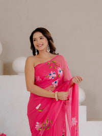 Rani Pink Hand Painted Georgette Saree with White Hibiscus Floral Print - Shri SKA Sons