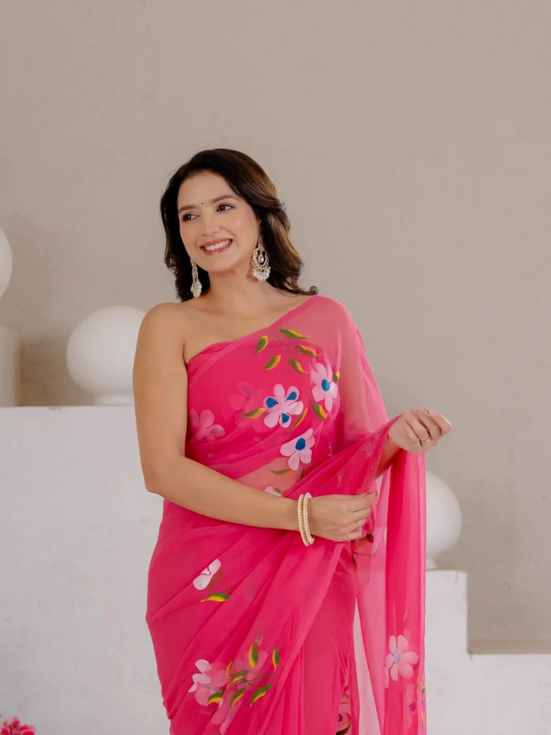 Rani Pink Hand Painted Georgette Saree with White Hibiscus Floral Print - Shri SKA Sons