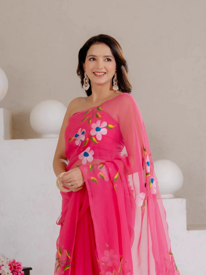 Rani Pink Hand Painted Georgette Saree with White Hibiscus Floral Print - Shri SKA Sons