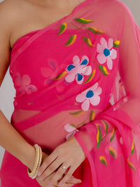 Rani Pink Hand Painted Georgette Saree with White Hibiscus Floral Print - Shri SKA Sons