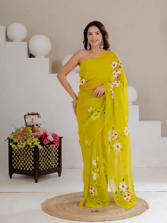 Lime Green Hand Painted Georgette Saree with White Hibiscus Floral Print - Shri SKA Sons