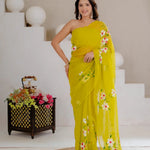 Lime Green Hand Painted Georgette Saree with White Hibiscus Floral Print