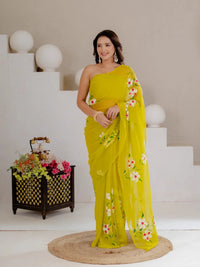 Lime Green Hand Painted Georgette Saree with White Hibiscus Floral Print - Shri SKA Sons