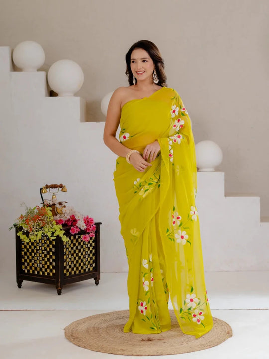 Lime Green Hand Painted Georgette Saree with White Hibiscus Floral Print - Shri SKA Sons