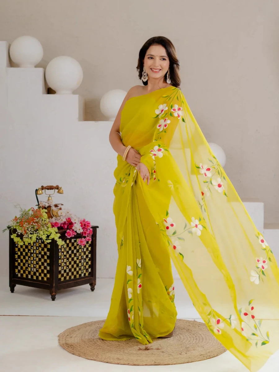 Lime Green Hand Painted Georgette Saree with White Hibiscus Floral Print - Shri SKA Sons