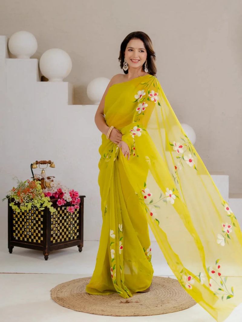 Lime Green Hand Painted Georgette Saree with White Hibiscus Floral Print - Shri SKA Sons