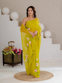 Lime Green Hand Painted Georgette Saree with White Hibiscus Floral Print - Shri SKA Sons