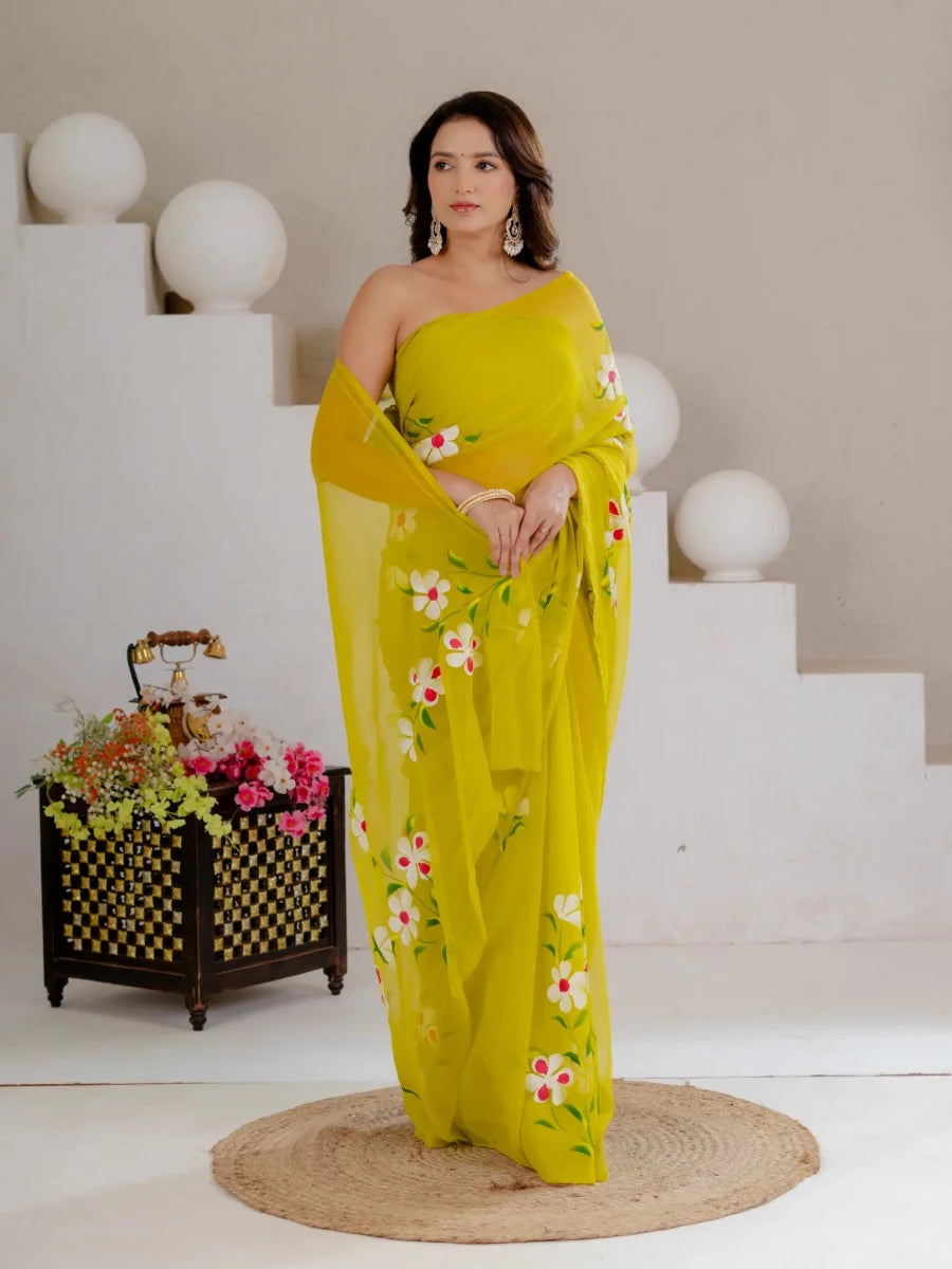Lime Green Hand Painted Georgette Saree with White Hibiscus Floral Print - Shri SKA Sons