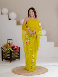 Lime Green Hand Painted Georgette Saree with White Hibiscus Floral Print - Shri SKA Sons