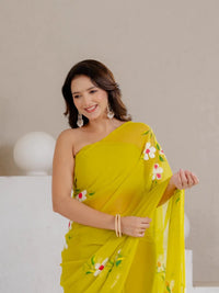 Lime Green Hand Painted Georgette Saree with White Hibiscus Floral Print - Shri SKA Sons