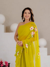 Lime Green Hand Painted Georgette Saree with White Hibiscus Floral Print - Shri SKA Sons