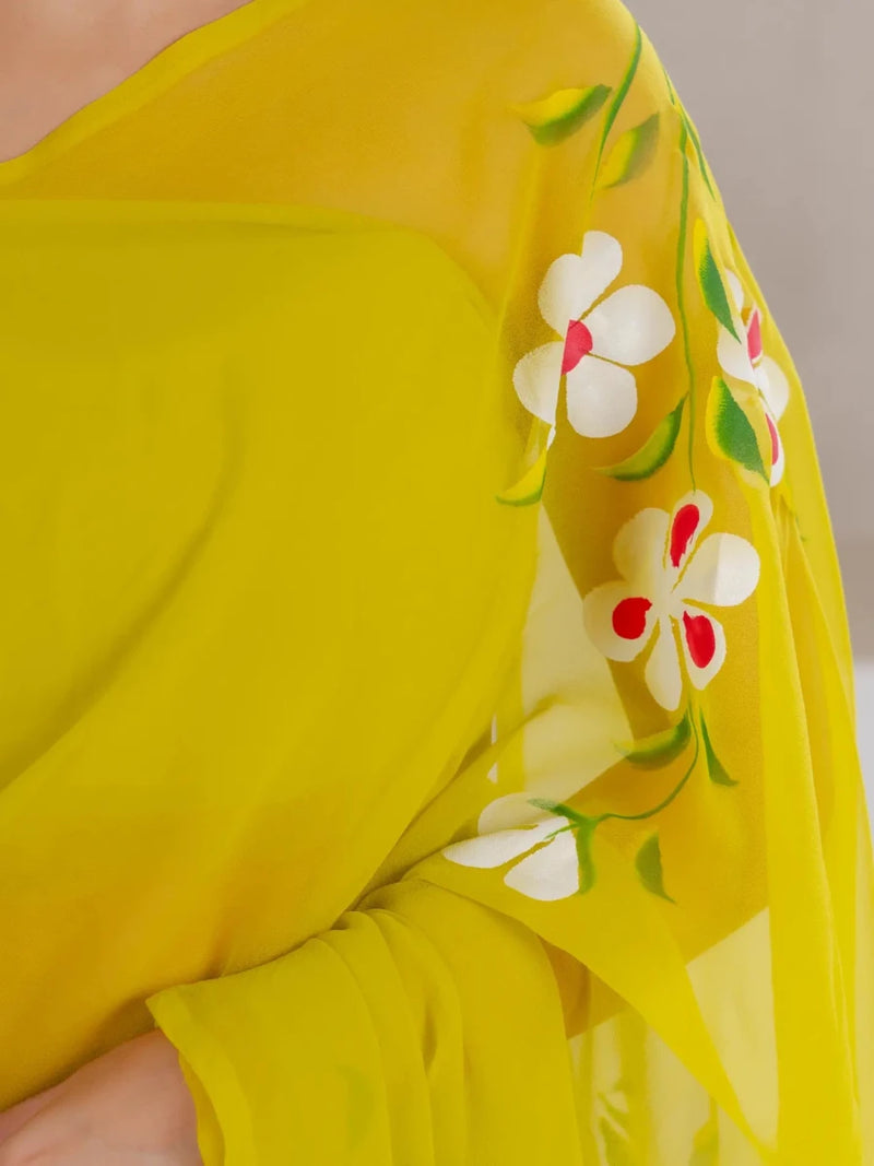 Lime Green Hand Painted Georgette Saree with White Hibiscus Floral Print - Shri SKA Sons