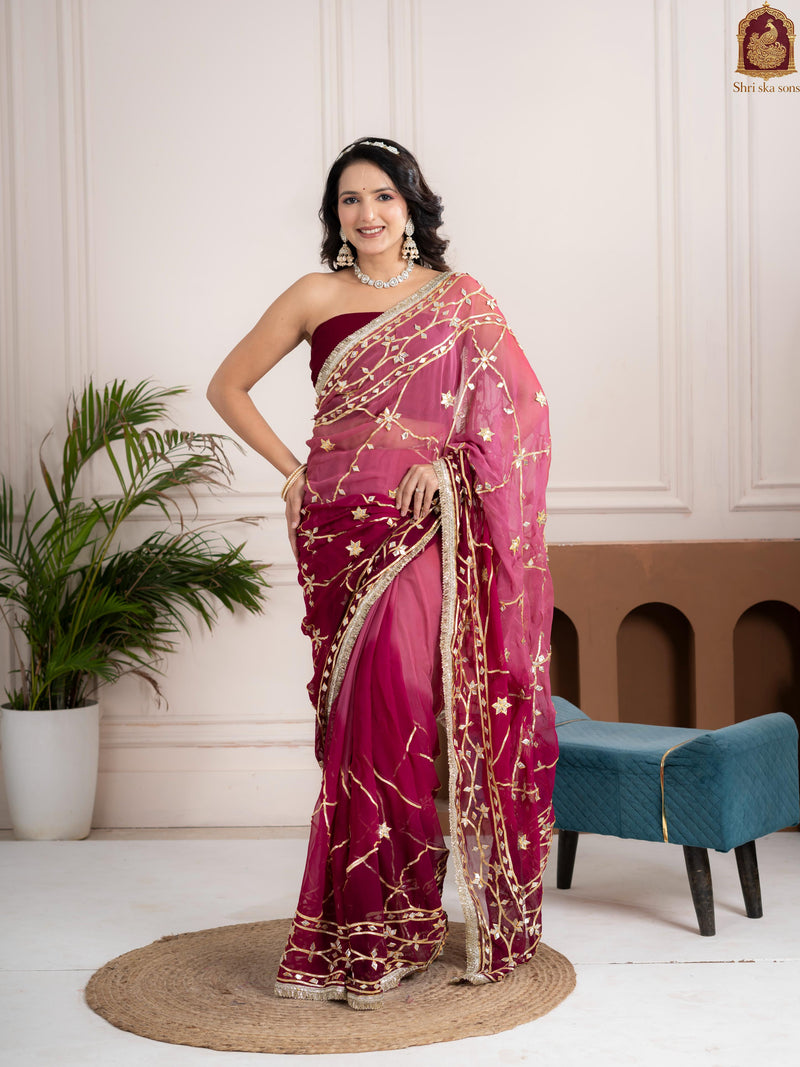 Plum Wine Fancy Hand Die Chiffon Saree with Hand Gota Patti