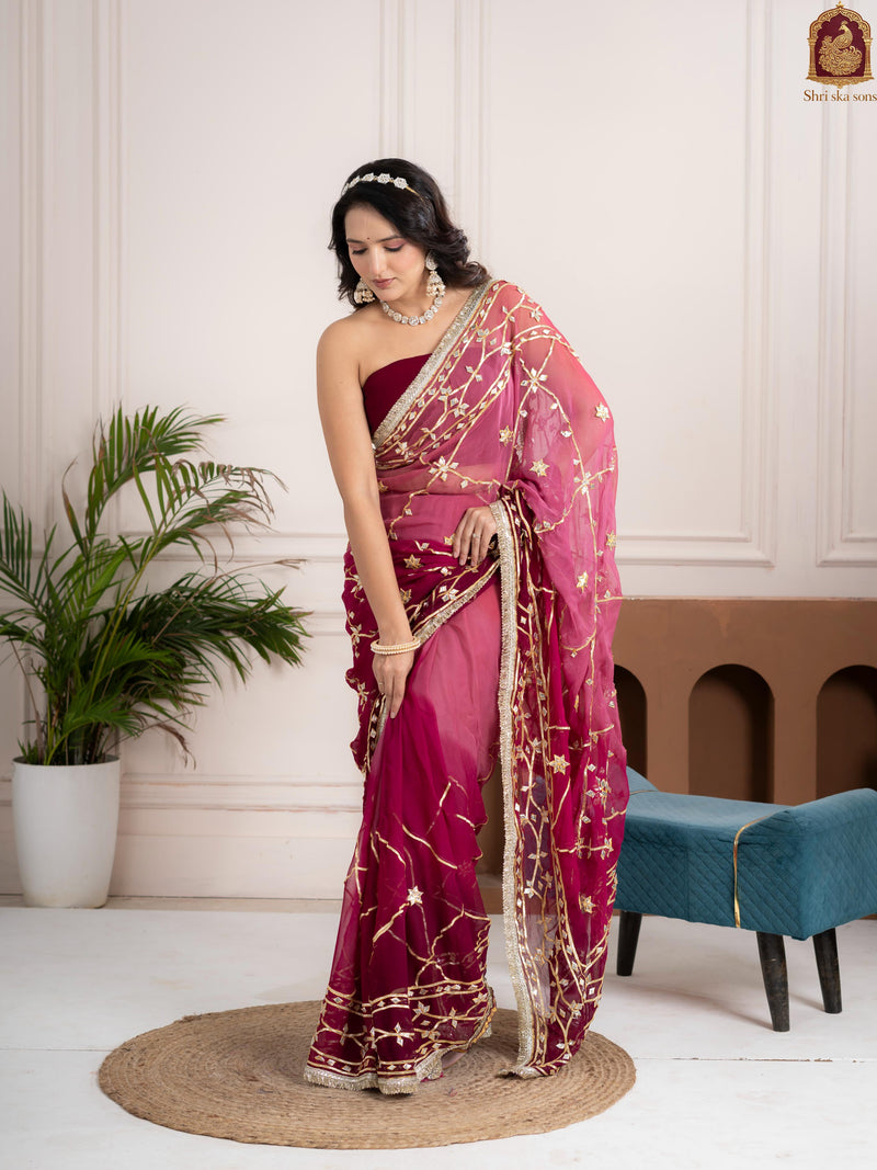 Plum Wine Fancy Hand Die Chiffon Saree with Hand Gota Patti