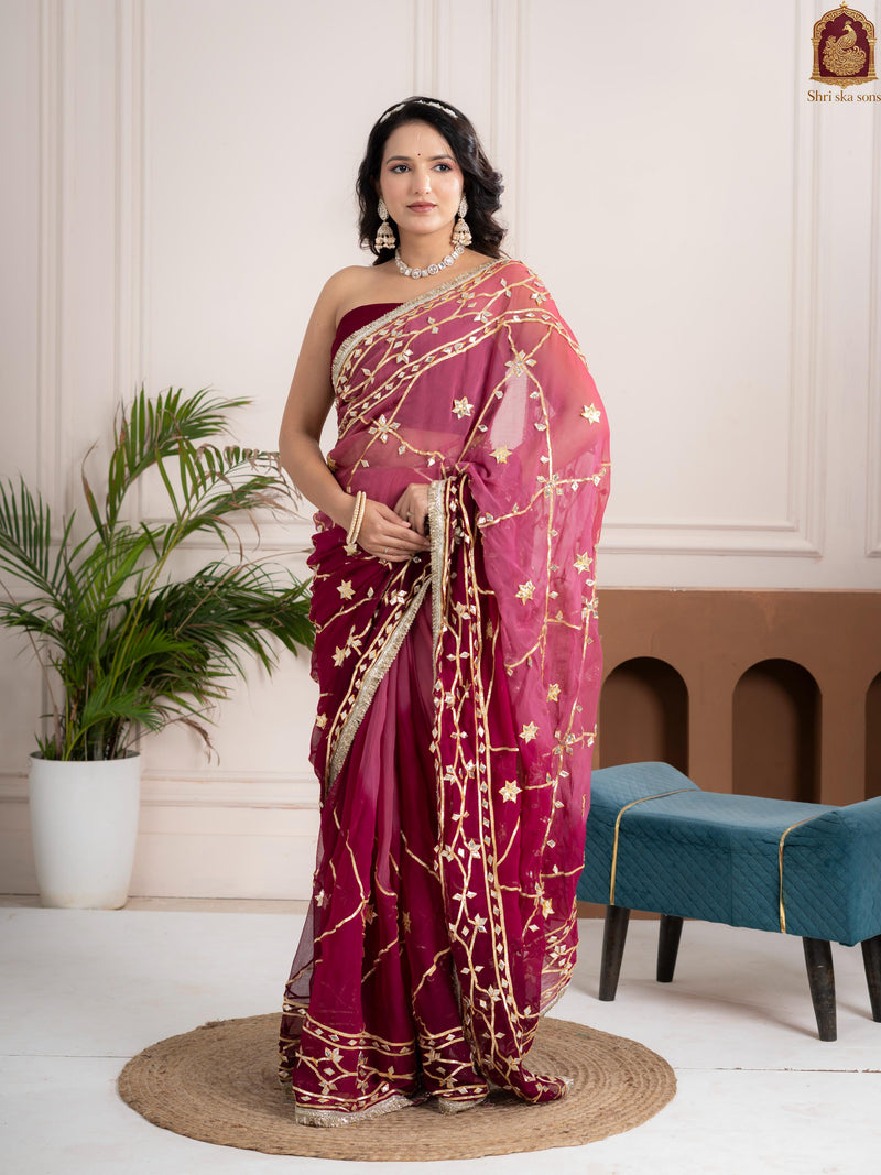 Plum Wine Fancy Hand Die Chiffon Saree with Hand Gota Patti