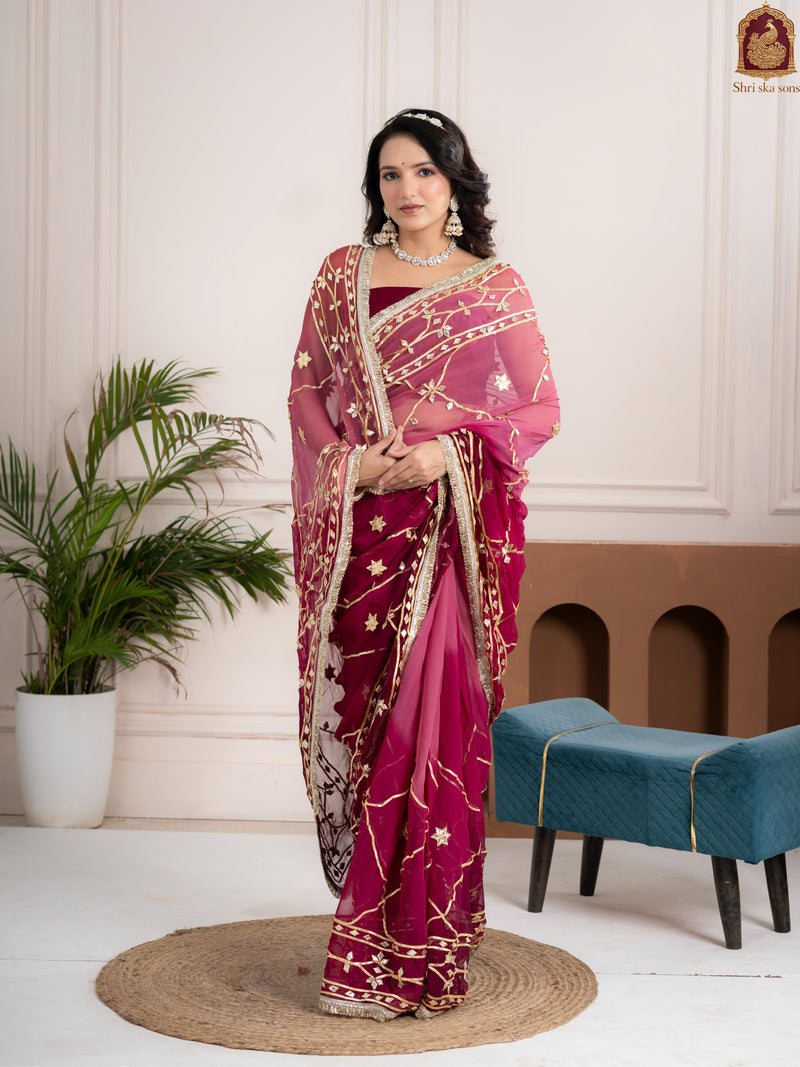 Plum Wine Fancy Hand Die Chiffon Saree with Hand Gota Patti