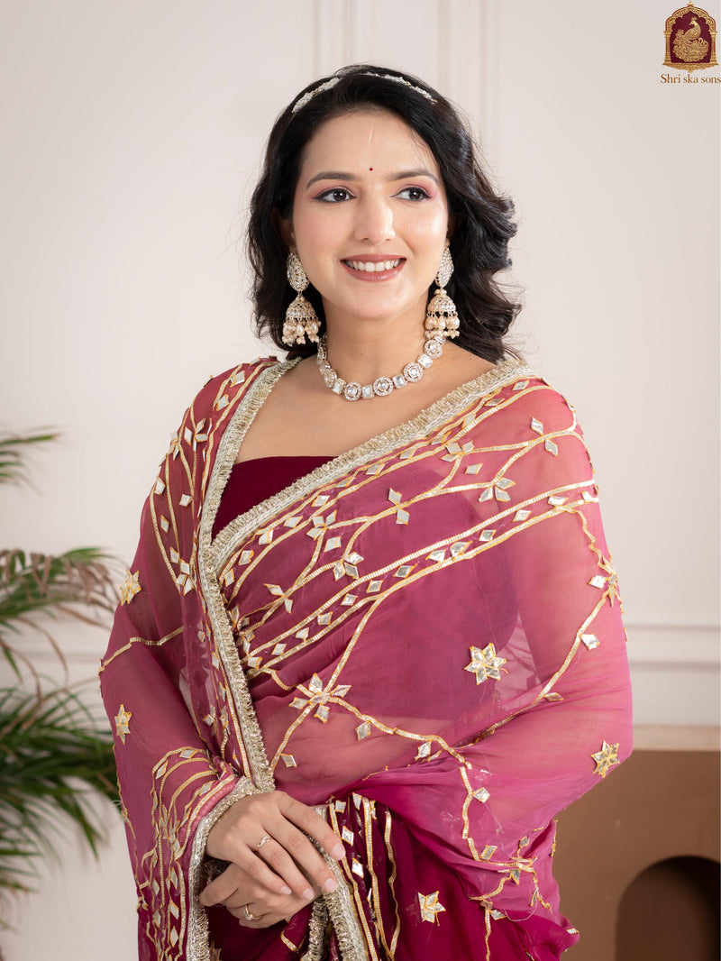 Plum Wine Fancy Hand Die Chiffon Saree with Hand Gota Patti