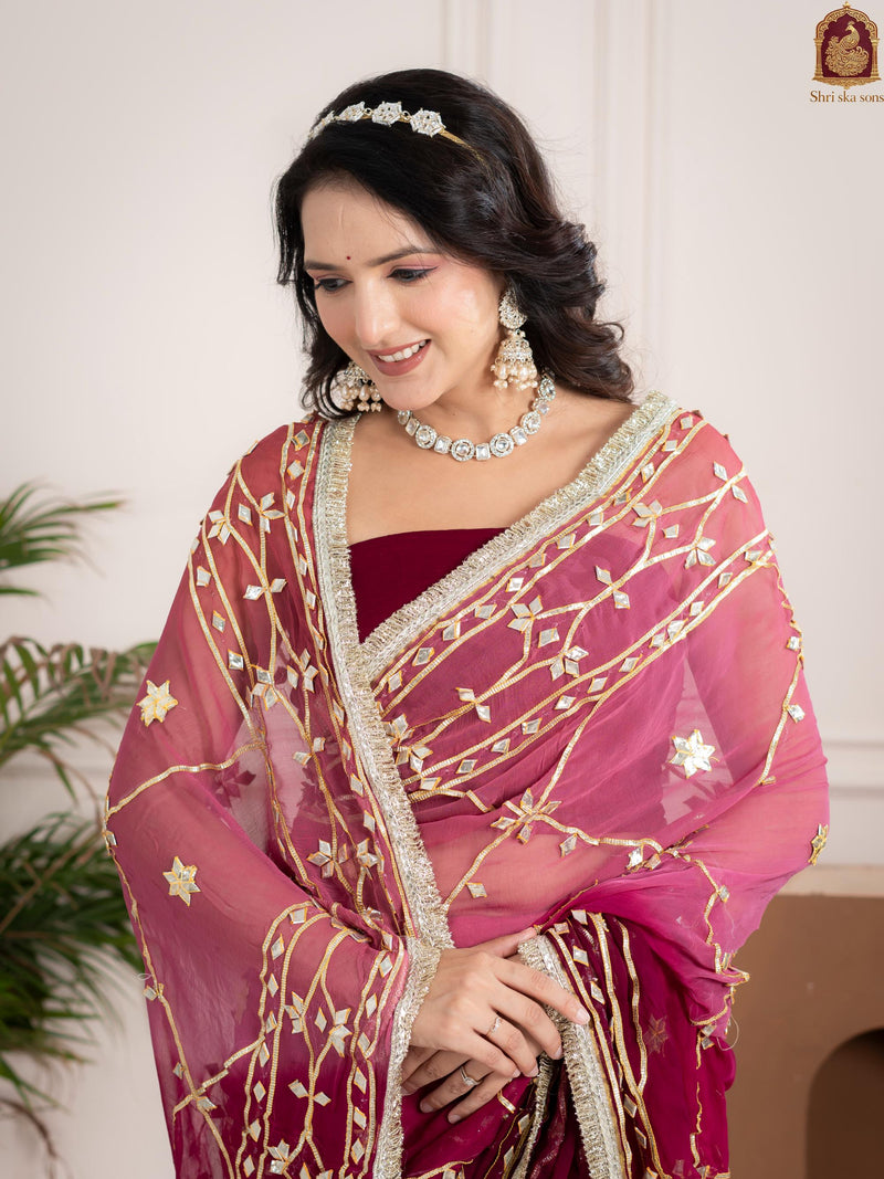 Plum Wine Fancy Hand Die Chiffon Saree with Hand Gota Patti