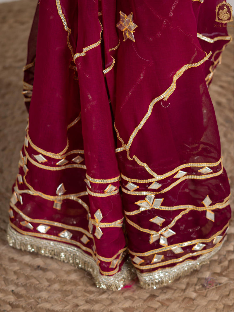 Plum Wine Fancy Hand Die Chiffon Saree with Hand Gota Patti