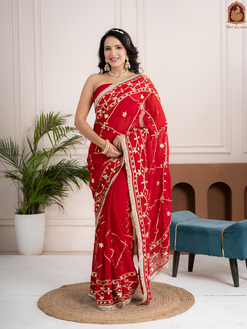 Ruby Red Fancy Hand Die Chiffon Saree with Hand Gota Patti