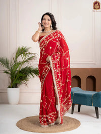 Ruby Red Fancy Hand Die Chiffon Saree with Hand Gota Patti - Shri SKA Sons