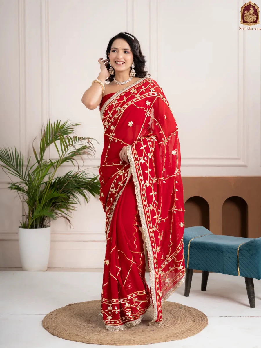 Ruby Red Fancy Hand Die Chiffon Saree with Hand Gota Patti - Shri SKA Sons