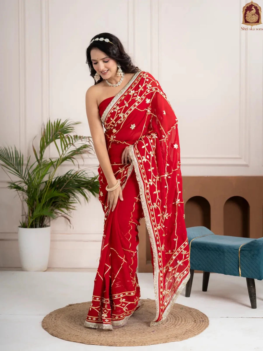 Ruby Red Fancy Hand Die Chiffon Saree with Hand Gota Patti - Shri SKA Sons