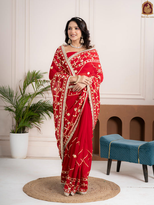 Ruby Red Fancy Hand Die Chiffon Saree with Hand Gota Patti