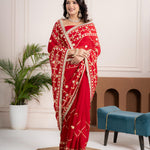 Ruby Red Fancy Hand Die Chiffon Saree with Hand Gota Patti