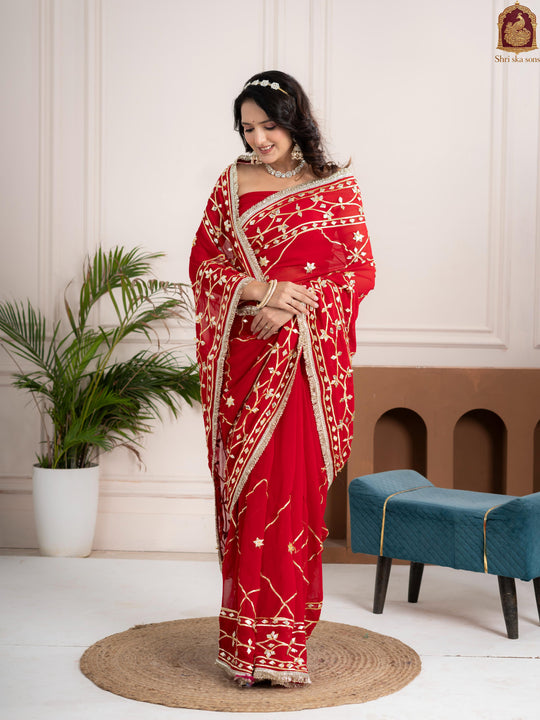 Ruby Red Fancy Hand Die Chiffon Saree with Hand Gota Patti