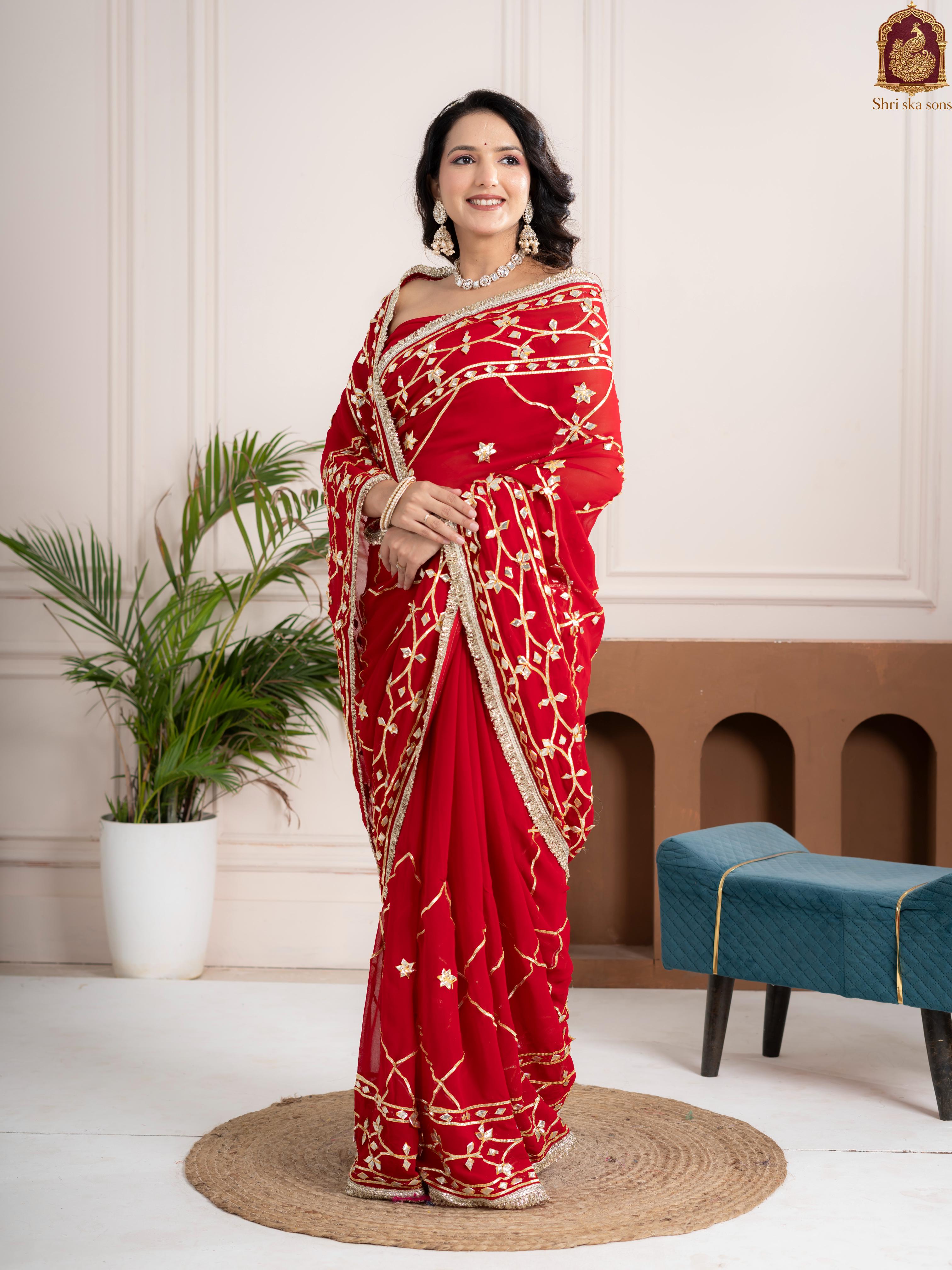 Ruby Red Fancy Hand Die Chiffon Saree with Hand Gota Patti