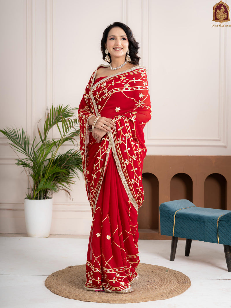 Ruby Red Fancy Hand Die Chiffon Saree with Hand Gota Patti