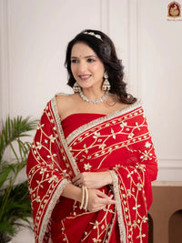 Ruby Red Fancy Hand Die Chiffon Saree with Hand Gota Patti - Shri SKA Sons