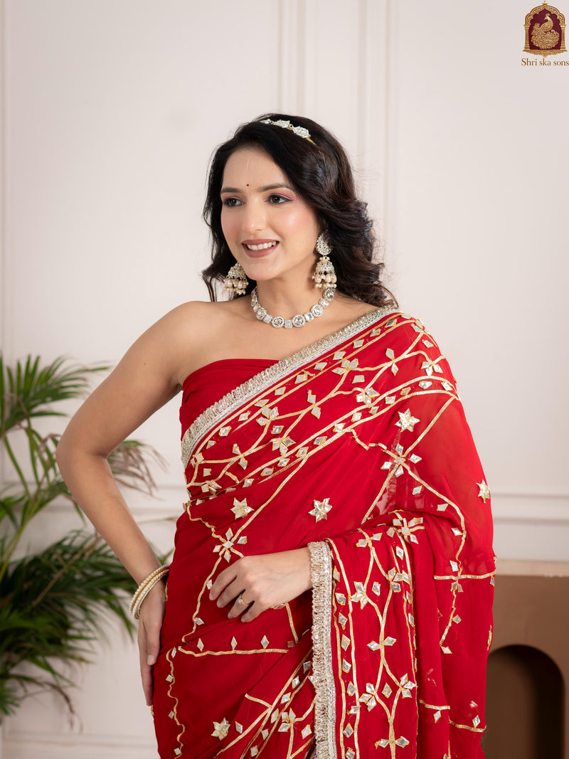 Ruby Red Fancy Hand Die Chiffon Saree with Hand Gota Patti