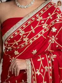 Ruby Red Fancy Hand Die Chiffon Saree with Hand Gota Patti - Shri SKA Sons