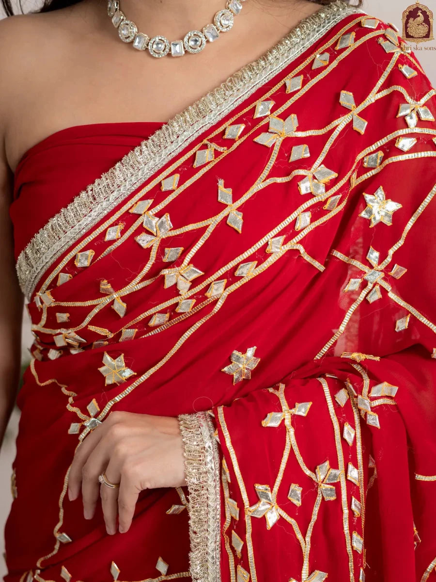 Ruby Red Fancy Hand Die Chiffon Saree with Hand Gota Patti - Shri SKA Sons