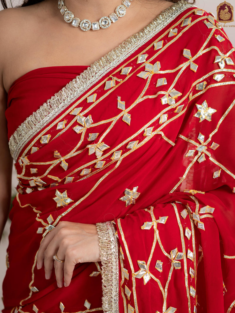 Ruby Red Fancy Hand Die Chiffon Saree with Hand Gota Patti