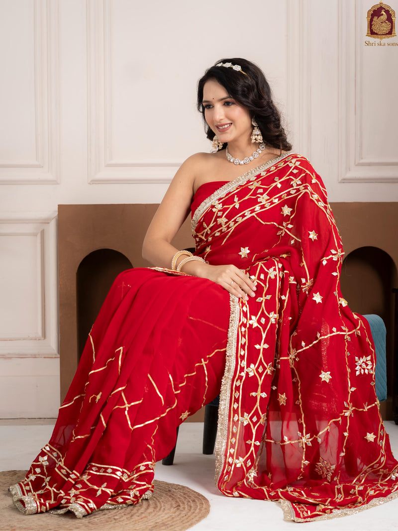 Ruby Red Fancy Hand Die Chiffon Saree with Hand Gota Patti