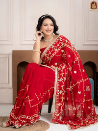 Ruby Red Fancy Hand Die Chiffon Saree with Hand Gota Patti - Shri SKA Sons