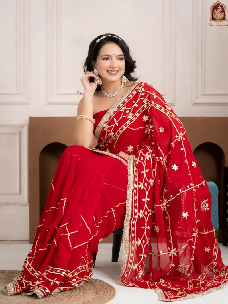 Ruby Red Fancy Hand Die Chiffon Saree with Hand Gota Patti - Shri SKA Sons