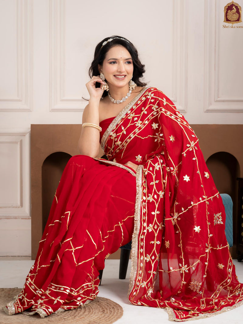 Ruby Red Fancy Hand Die Chiffon Saree with Hand Gota Patti